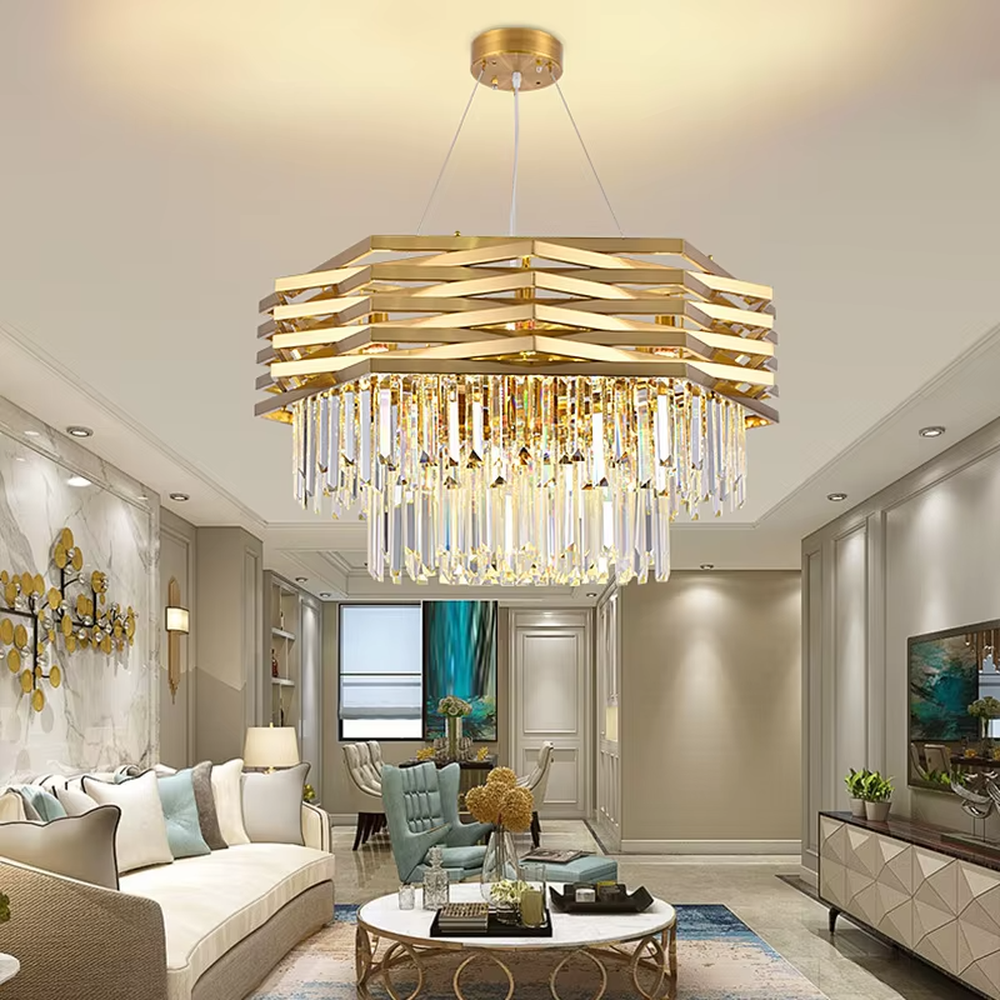 This modern light luxury two-layer chandelier features a geometric dome shape made of interwoven gold metal strips on the upper layer, with transparent crystal tassels hanging below. When lit, light refracts through the crystal to emit a brilliant and luxurious glow, combining an artistic feel with an ambient atmosphere. Ideal for living rooms, dining rooms, villa high-ceiling spaces, and other areas, it adds an elegant and exquisite touch to modern light luxury or European luxury home environments.