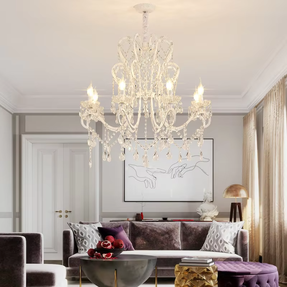 This European luxury crystal chandelier features curved branches crafted from transparent crystal, paired with hanging crystal pendants, creating a gorgeous and elegant courtly texture. When lit, light refracts through the crystal to emit a brilliant and soft glow, combining decorative appeal with an ambient atmosphere. Ideal for living rooms, dining rooms, villa high-ceiling spaces, or high-end clubs, it adds an elegant and exquisite touch to European luxury or modern light luxury spaces.
