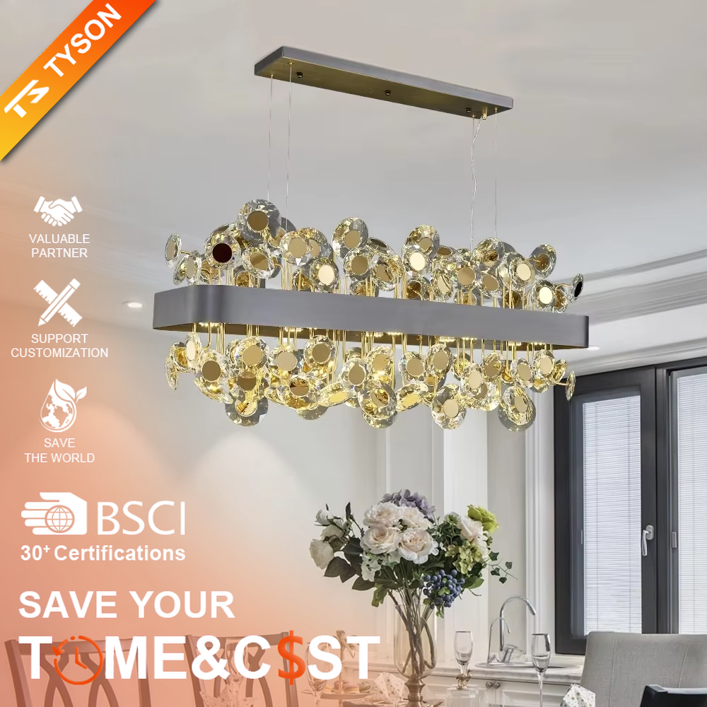 This modern light luxury rectangular crystal chandelier features a gold metal frame inlaid with multiple layers of circular-cut crystals and gold reflective discs. The staggered crystals create a brilliant and luxurious light effect when illuminated, combining decorative appeal with an ambient atmosphere. Ideal for dining rooms, bars, and above dining tables in light luxury apartments, it adds an elegant and exquisite touch to modern light luxury or European-style luxury spaces.
