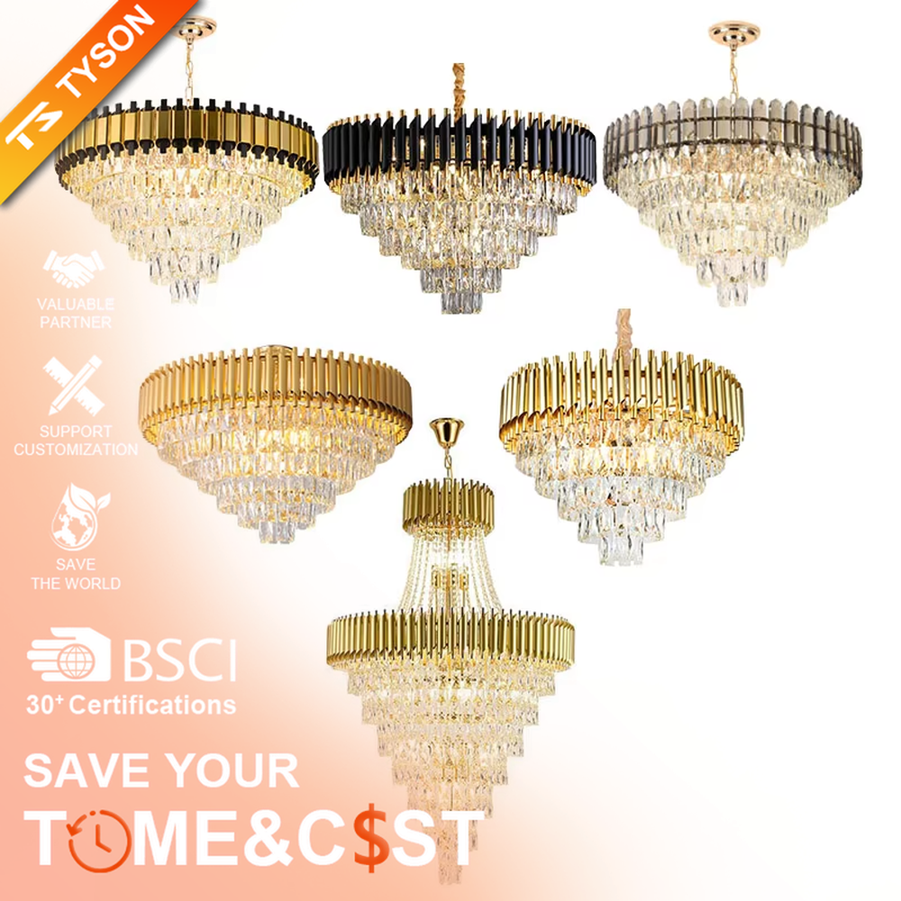 This European luxury multi-layer conical crystal chandelier features an upper frame of gold metal strips and a lower layer of multiple tiers of transparent crystal strips, forming a full conical dome shape. When lit, light refracts through the crystal to emit a brilliant and luxurious glow, combining a luxurious texture with an ambient atmosphere. Ideal for villa living rooms, hotel lobbies, high-end clubs, and other spaces, it adds an elegant and exquisite touch to European luxury or modern light luxury environments.