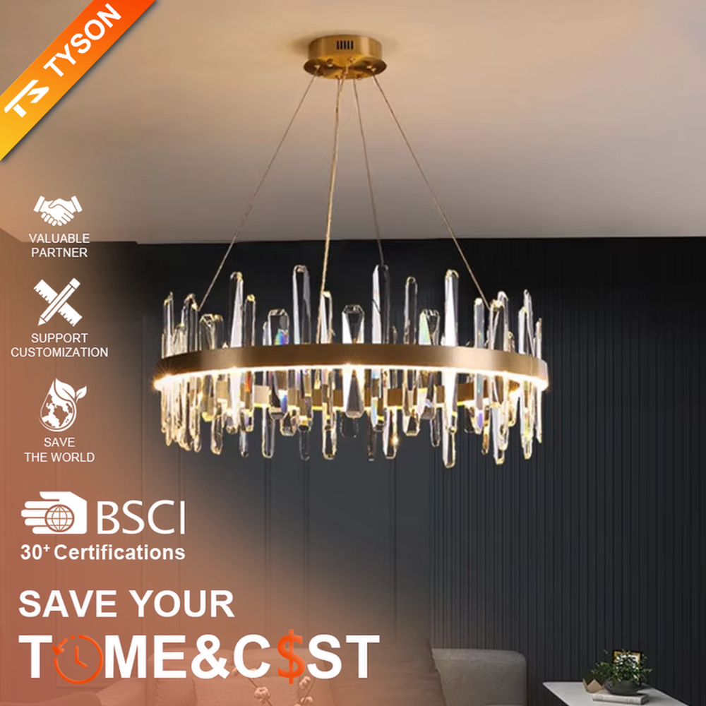 This modern light luxury circular crystal chandelier features a gold metal frame, with transparent crystal strips of varying lengths hanging down to form a staggered circular shape. When lit, light refracts through the crystal to emit a brilliant and dynamic glow, combining an exquisite texture with an ambient atmosphere. Ideal for dining rooms, living rooms, light luxury apartments, and other spaces, it adds an exquisite and sophisticated touch to modern minimalist or light luxury home environments.