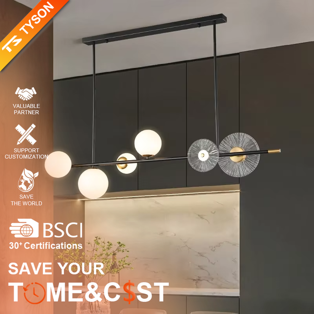 Modern light luxury black and gold combination linear chandelier, featuring a black and gold metal frame paired with milk-white glass balls and radial-patterned glass lampshades. Its minimalist and layered design combines style and ambiance, making it a decorative lighting fixture that elevates the space's aesthetic.