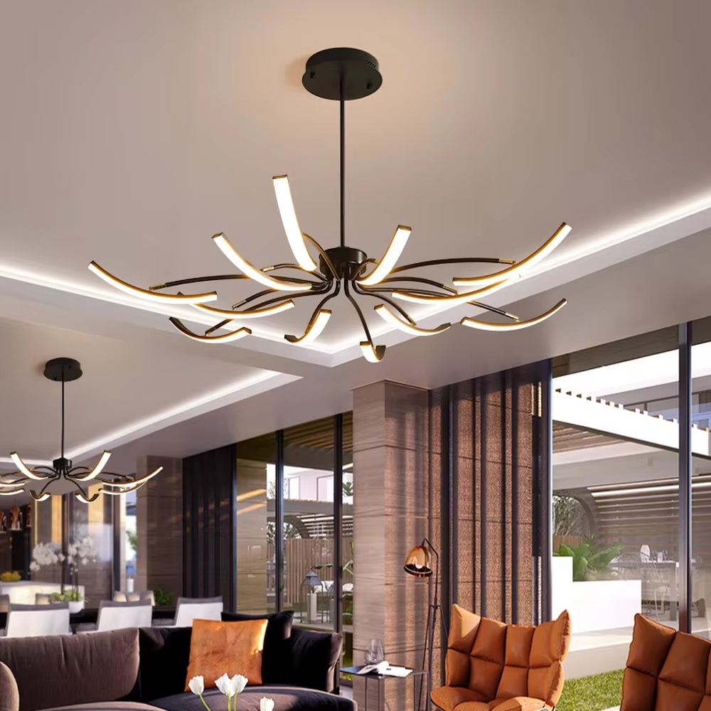 Modern art spider-shaped chandelier, featuring a radial branch structure made of black metal with built-in LED lighting. Its dynamic and tensile lines combine a sense of technology and artistic ambiance, making it a high-end decorative lighting fixture that elevates the space's style.