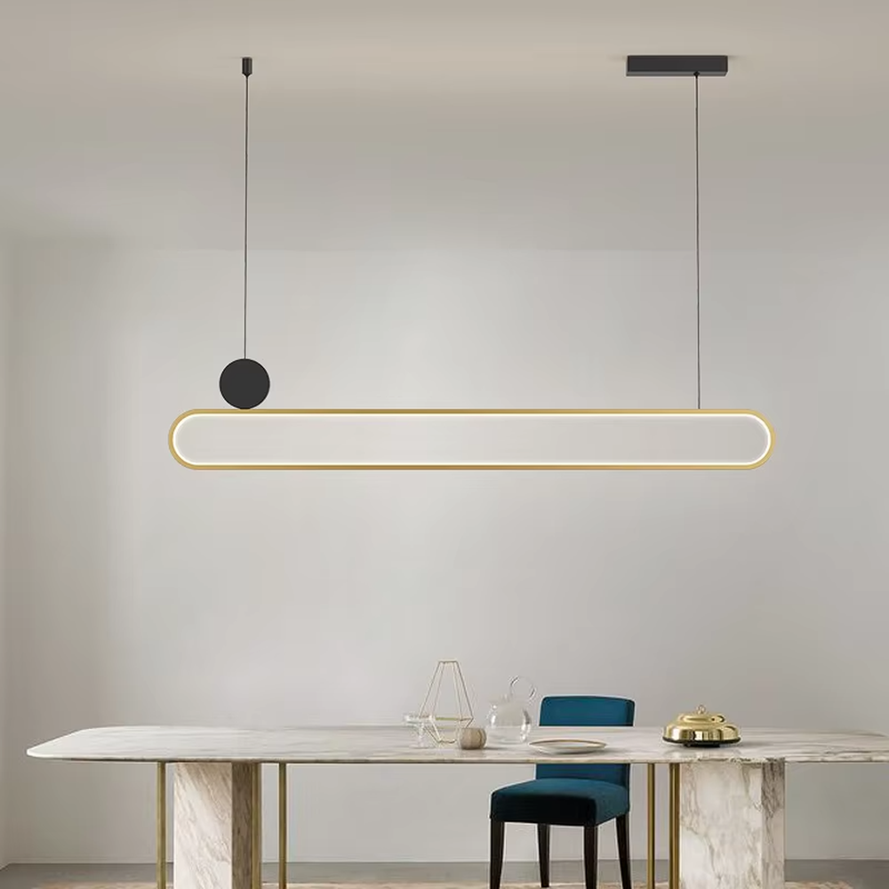 Modern light luxury black and gold linear chandelier, featuring a gold metal frame paired with a white luminous lamp body, accented with a black balancing ball on the side. Its clean and elegant lines combine style and ambiance, making it a modern home lighting fixture that enhances the space's texture.