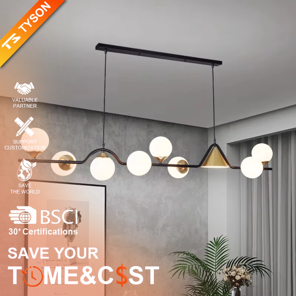 Modern light luxury geometric combination chandelier, featuring a fluid curved frame in black and gold metal paired with gradient smoky gray glass balls and a cone-shaped lampshade. Its minimalist and layered design combines style and ambiance, making it a decorative lighting fixture that elevates the space's aesthetic.