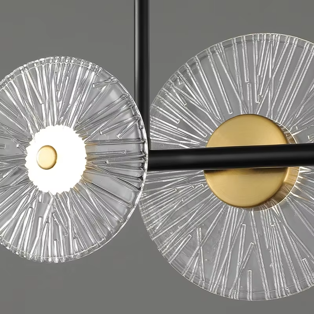 Modern light luxury black and gold combination linear chandelier, featuring a black and gold metal frame paired with milk-white glass balls and radial-patterned glass lampshades. Its minimalist and layered design combines style and ambiance, making it a decorative lighting fixture that elevates the space's aesthetic.