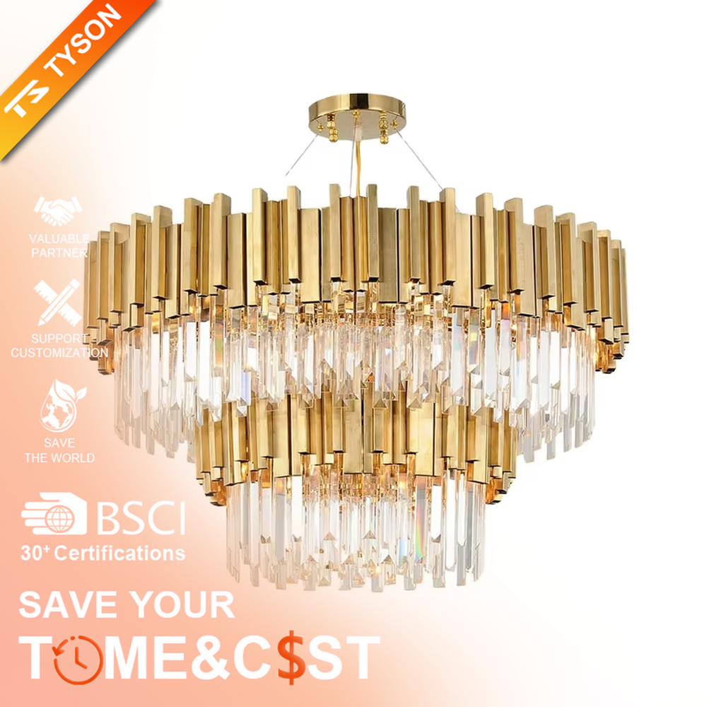This modern light luxury two-layer circular chandelier features a gold metal strip frame on the upper layer and dense, transparent long crystals hanging below. When lit, light refracts through the crystals to emit a brilliant and soft glow, combining a luxurious texture with an ambient atmosphere. Ideal for living rooms, dining rooms, light luxury apartments, and other spaces, it adds an exquisite and sophisticated touch to modern minimalist or light luxury home environments.