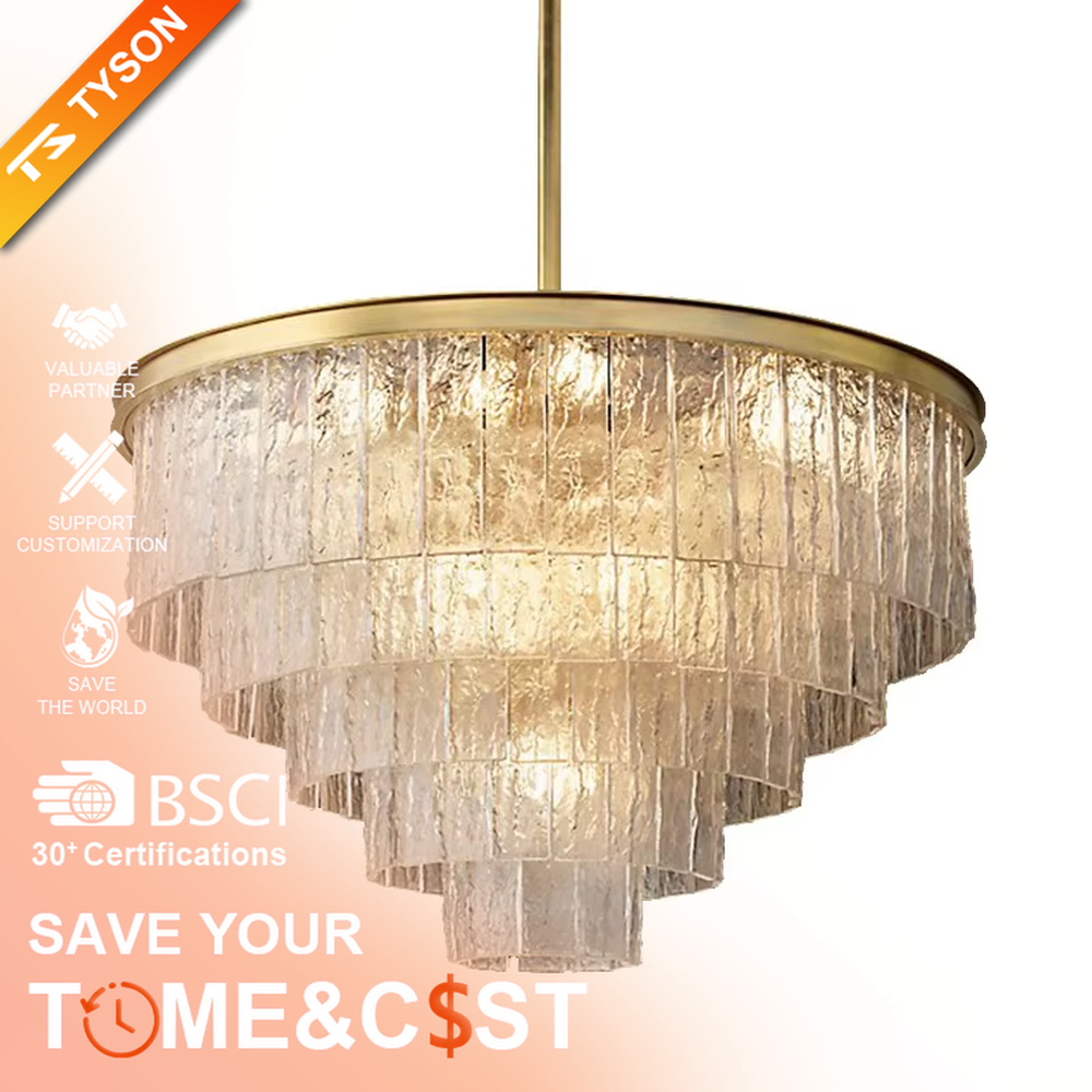 This modern light luxury layered conical chandelier features a gold metal top frame, with multiple layers of textured glass strips hanging down to form a conical layered shape. When lit, light refracts through the glass to emit a brilliant and soft glow, combining a luxurious texture with an ambient atmosphere. Ideal for high-ceiling living rooms, villas, light luxury apartments, and other spaces, it adds an exquisite and sophisticated touch to modern minimalist or light luxury home environments.
