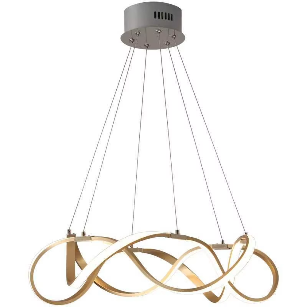 Modern art ribbon chandelier, featuring interwoven and flowing gold metal strips with built-in soft LED lighting. Its dynamic and layered lines combine artistry and ambiance, making it a high-end decorative lighting fixture that elevates the space's style.
