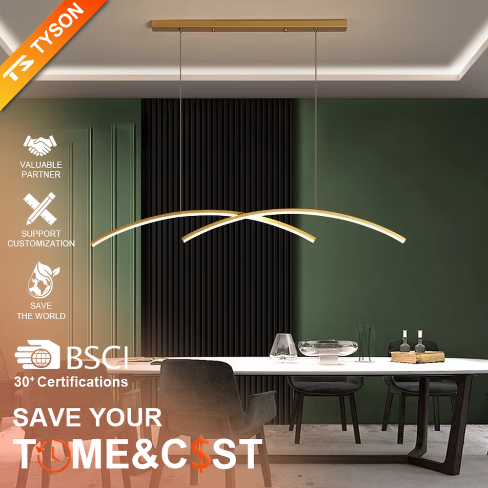 Modern minimalist double-arc linear chandelier, featuring a double-layer curved light strip design in white and gold metal. Its smooth, soft lines emit even and gentle light, combining style and ambiance, making it a modern home lighting fixture that elevates the space's aesthetic.