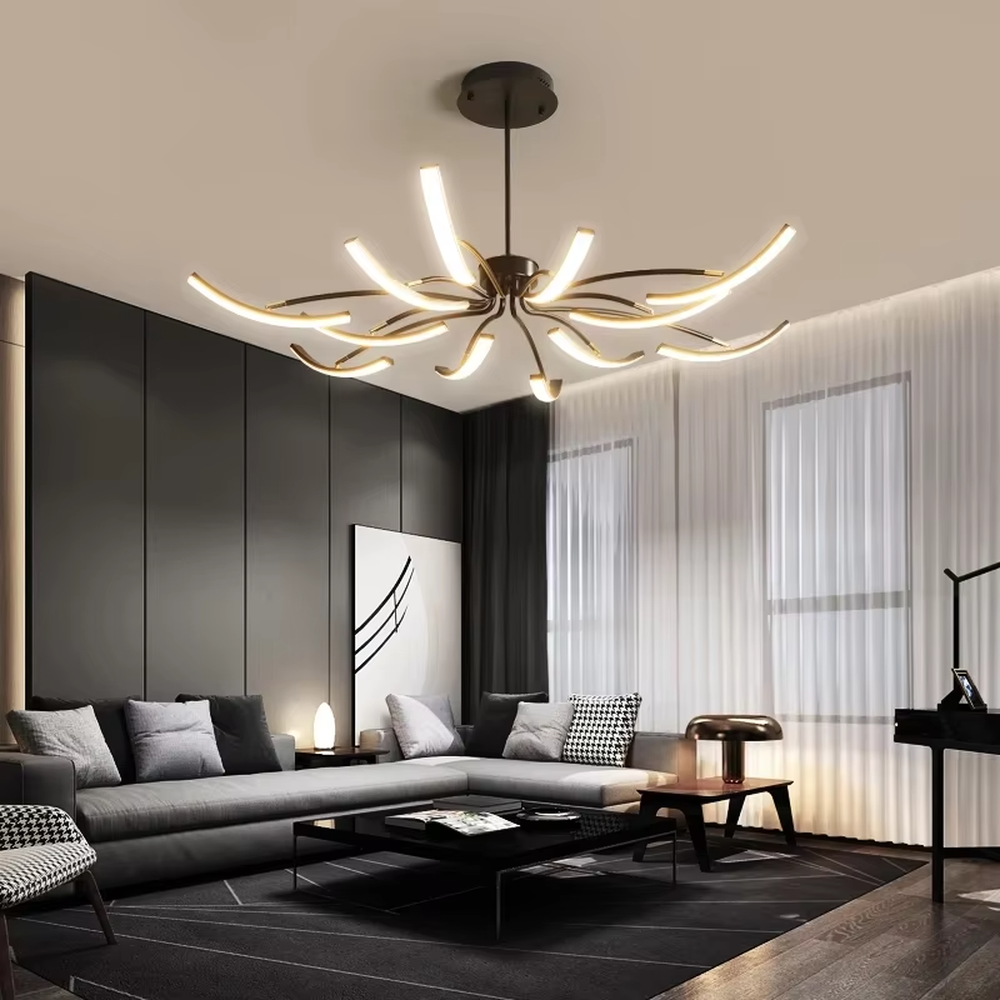 Modern art spider-shaped chandelier, featuring a radial branch structure made of black metal with built-in LED lighting. Its dynamic and tensile lines combine a sense of technology and artistic ambiance, making it a high-end decorative lighting fixture that elevates the space's style.