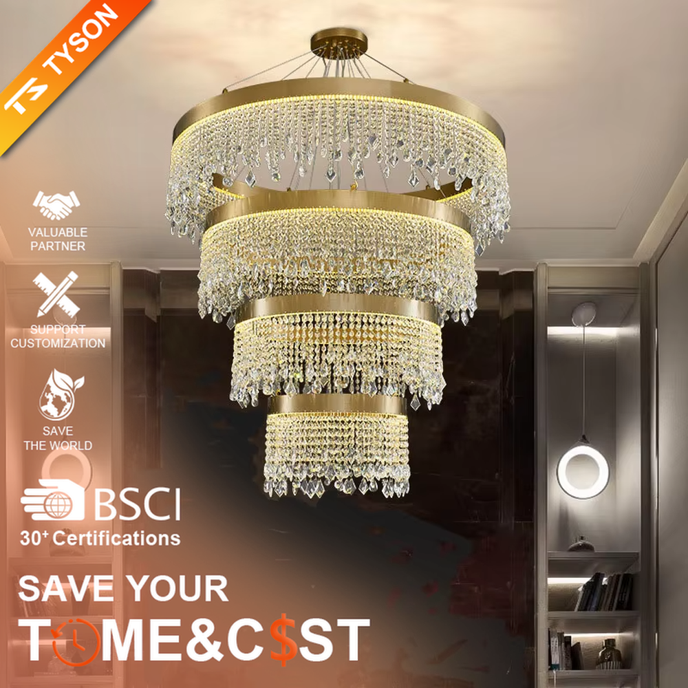 This modern light luxury circular tassel crystal chandelier features a champagne gold metal top frame, with dense crystal bead strings hanging down to form a tassel layered shape. When lit, light refracts through the crystals to emit a brilliant and soft glow, combining a luxurious texture with an ambient atmosphere. Ideal for living rooms, dining rooms, light luxury apartments, and other spaces, it adds an exquisite and sophisticated touch to modern minimalist or light luxury home environments.