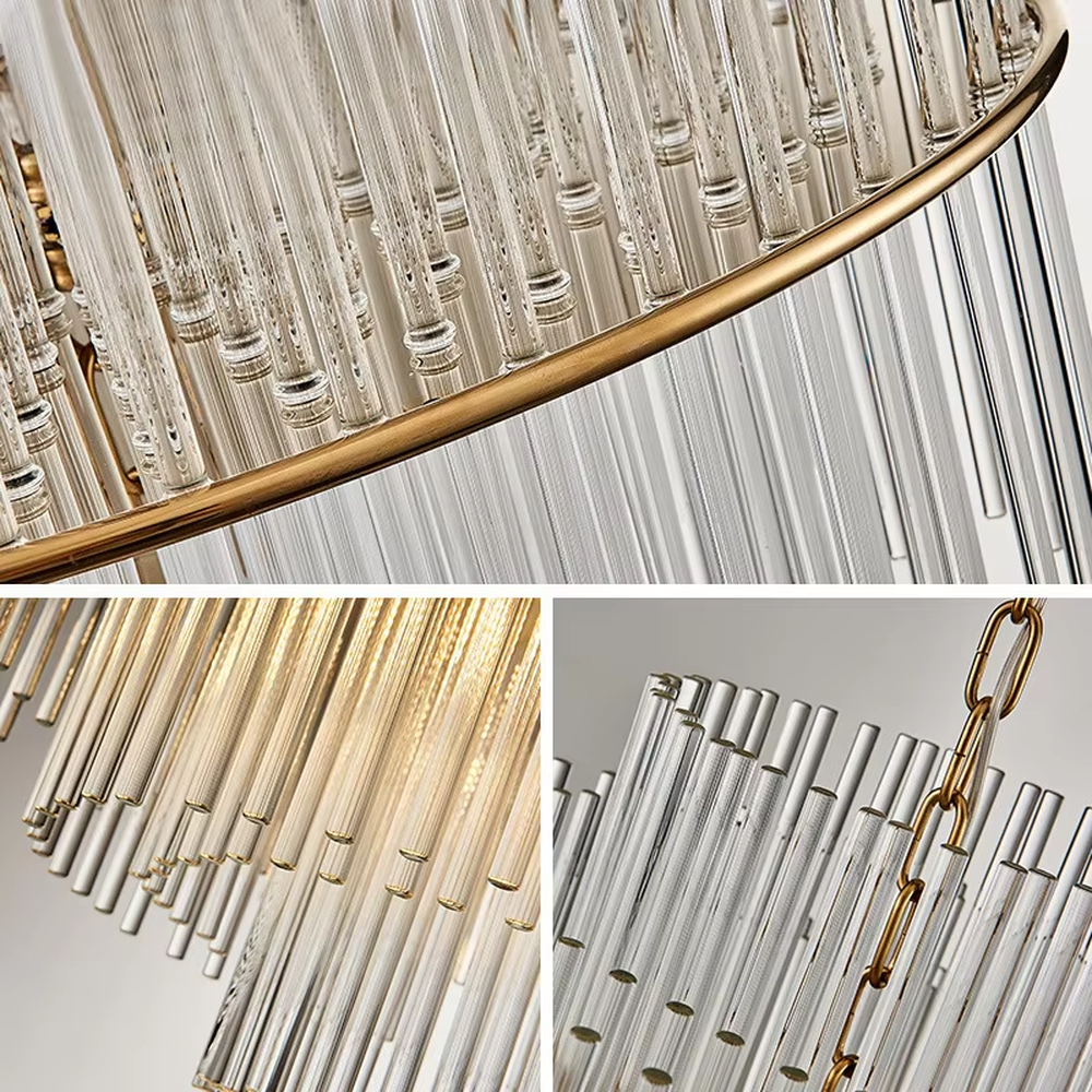 This modern light luxury square chandelier features a gold metal frame, with dense transparent glass strips hanging down to form a staggered three-dimensional shape. When lit, light refracts through the glass to emit a soft and even glow, combining a minimalist texture with an ambient atmosphere. Ideal for living rooms, dining rooms, light luxury apartments, and other spaces, it adds an exquisite and sophisticated touch to modern minimalist or Scandinavian-style home environments.