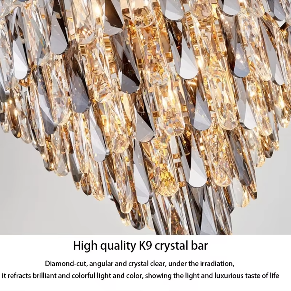 This modern light luxury layered crystal chandelier features a metal ceiling base, with multiple layers of transparent long crystal strips hanging down to form a full fan-shaped dome. When lit, light refracts through the crystal to emit a brilliant and luxurious glow, combining a luxurious texture with an ambient atmosphere. Ideal for living rooms, bedrooms, dining rooms, and other spaces, it adds an elegant and exquisite touch to modern light luxury or European luxury home environments.
