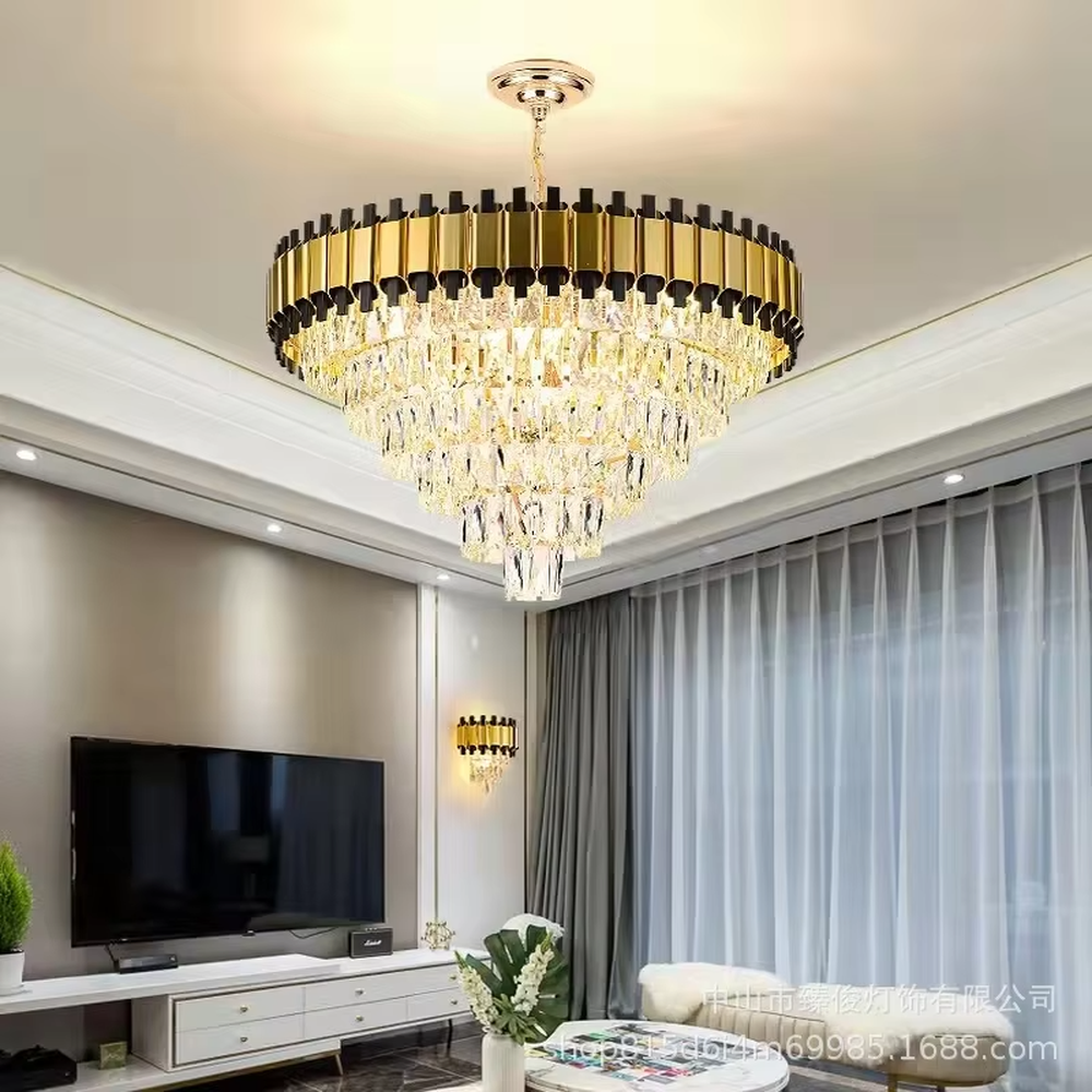 This modern light luxury multi-layer conical crystal chandelier features an upper frame of black-gold metal strips and a lower layer of multiple tiers of transparent crystal strips, forming a full conical dome shape. When lit, light refracts through the crystal to emit a brilliant and luxurious glow, combining a bold texture with an ambient atmosphere. Ideal for villa living rooms, high-end clubs, luxury dining rooms, and other spaces, it adds an elegant and exquisite touch to European luxury or modern light luxury environments.