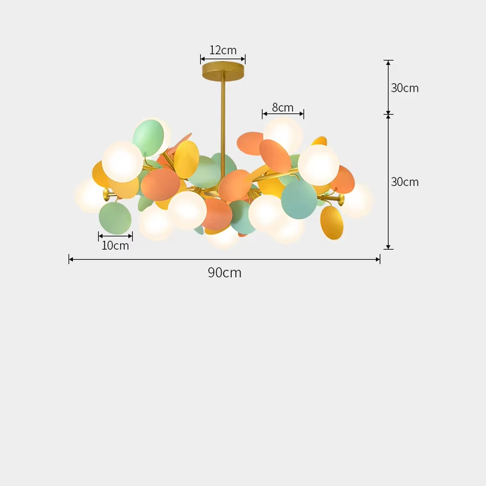 This playful and colorful disc chandelier features a gold metal frame, paired with milky white glowing spheres and macaron-colored (pink, orange, blue, yellow) decorative discs arranged in a staggered layout. When lit, it emits a soft and warm glow, creating a lively and comforting atmosphere. Ideal for kids' bedrooms, parent-child play areas, kindergartens, and other spaces, it adds a dreamy and romantic touch to childlike environments.