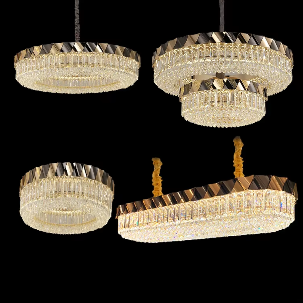 This modern light luxury two-layer circular crystal chandelier features a black-and-gold metal frame, inlaid with transparent long crystals to form a double-layered dome shape. The geometric black-and-gold metal contrasts brilliantly with the shimmering crystal, and when lit, light refracts through the crystal to emit a luxurious and soft glow, combining a sophisticated texture with an ambient atmosphere. Ideal for living rooms, dining rooms, light luxury apartments, and other spaces, it adds an exquisite and luxurious touch to modern minimalist or light luxury home environments.