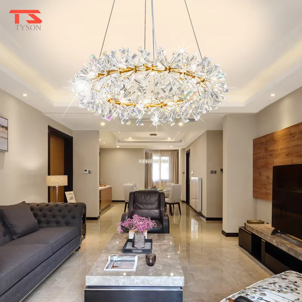 This modern light luxury two-layer circular chandelier features a gold metal frame, inlaid with transparent snowflake-shaped crystal modules, combined into a two-layer staggered circular shape. When lit, light refracts through the crystal to emit a brilliant and soft glow, combining an ethereal feel with an ambient atmosphere. Ideal for living rooms, dining rooms, light luxury apartments, and other spaces, it adds a dreamy and exquisite touch to modern minimalist or French light luxury home environments.