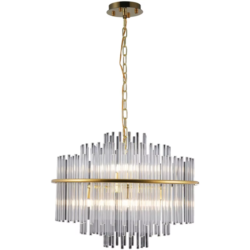 This modern light luxury square chandelier features a gold metal frame, with dense transparent glass strips hanging down to form a staggered three-dimensional shape. When lit, light refracts through the glass to emit a soft and even glow, combining a minimalist texture with an ambient atmosphere. Ideal for living rooms, dining rooms, light luxury apartments, and other spaces, it adds an exquisite and sophisticated touch to modern minimalist or Scandinavian-style home environments.