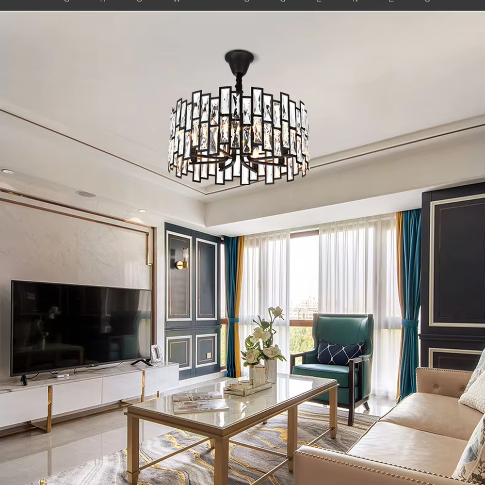 This modern light luxury square crystal chandelier features a black metal frame, inlaid with multi-faceted cut crystal pieces to form a square shape. When lit, light refracts through the crystal to emit a brilliant and luxurious glow, combining a bold texture with an elegant ambiance. Ideal for living rooms, dining rooms, large apartments, and other spaces, it adds an exquisite and sophisticated touch to modern minimalist or light luxury home environments.