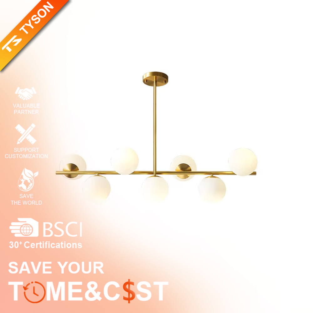 This modern minimalist linear magic bean chandelier features a gold metal frame and multiple milky white frosted glass ball lampshades, arranged in a staggered layout. When lit, it emits soft and even light, combining minimalist design with a gentle ambient atmosphere. Ideal for dining rooms, bars, kitchen islands, and other spaces, it adds an exquisite and soft touch to modern minimalist or Nordic-style home environments.