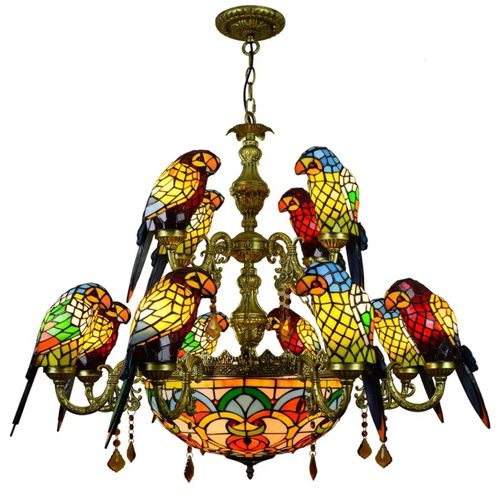 American retro parrot-shaped Tiffany chandelier, featuring vibrant stained-glass parrots and a dome lampshade paired with an antique bronze metal frame. Its rich, colorful design exudes retro artistry, making it a decorative lighting fixture that creates an exotic ambiance.