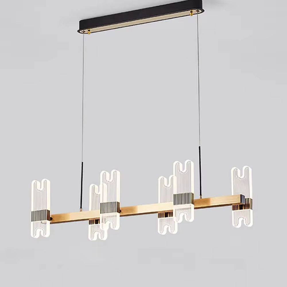 Modern light luxury black and gold chandelier, featuring a radial frame in black and gold metal paired with striped acrylic lampshades. It emits soft, layered light, combining style and ambiance, making it a high-end decorative lighting fixture that elevates the space's aesthetic.