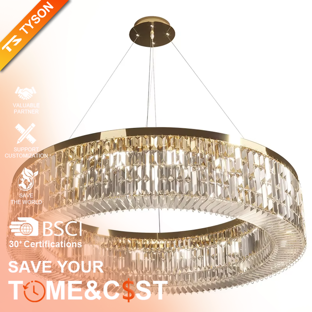 This modern light luxury two-layer circular crystal chandelier features a gold metal frame, inlaid with transparent long crystals to form a double-layered circular shape. When lit, light refracts through the crystal to emit a brilliant and soft glow, combining an exquisite texture with an ambient atmosphere. Ideal for living rooms, dining rooms, light luxury apartments, and other spaces, it adds an exquisite and sophisticated touch to modern minimalist or light luxury home environments.
