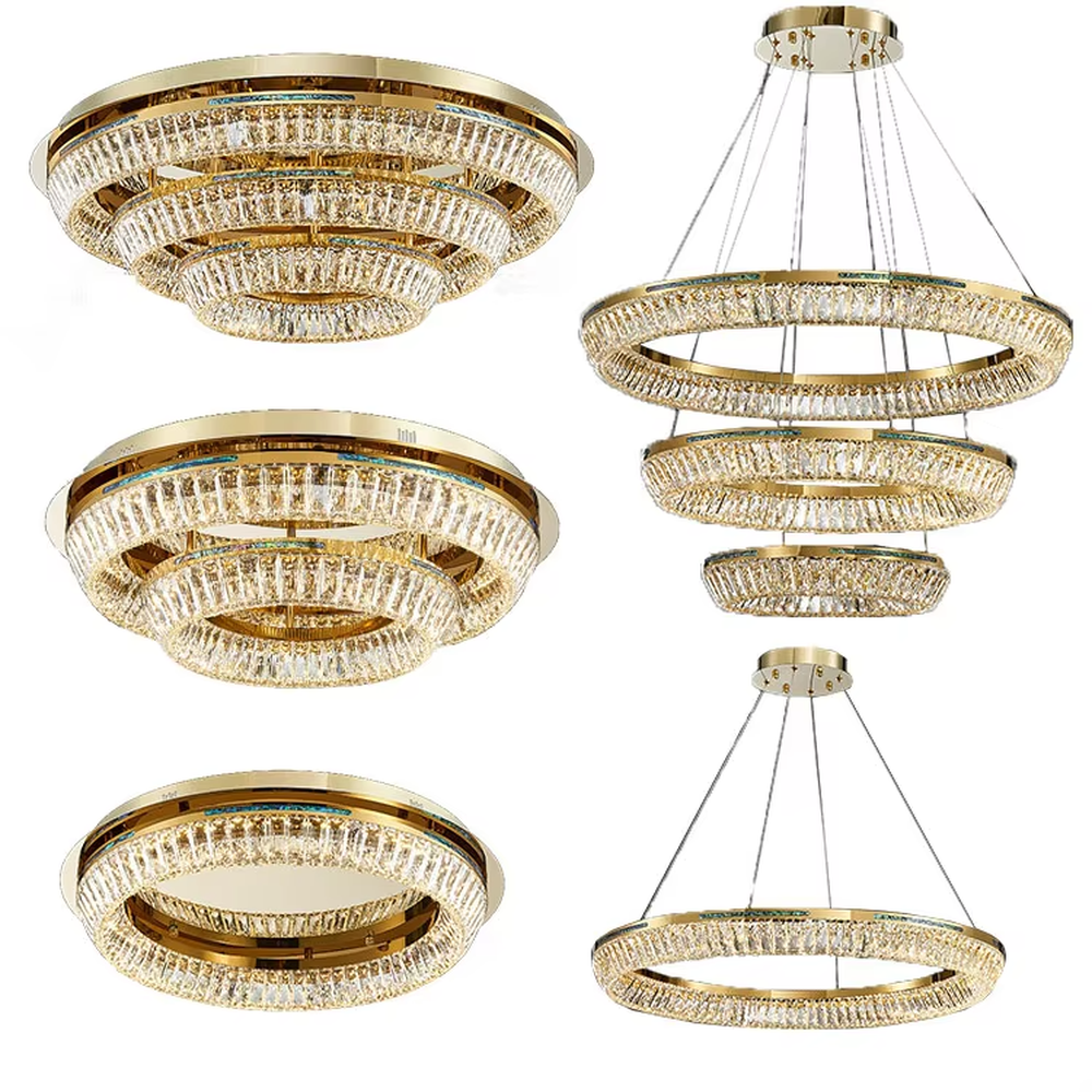 This modern light luxury multi-layered ring crystal chandelier features a gold metal frame, with each ring inlaid with transparent long crystals arranged in concentric circles. When lit, light refracts through the crystal to emit a brilliant and luxurious glow, combining layered design with an ambient atmosphere. Ideal for high-ceiling living rooms, villa foyers, hotel lobbies, and other spaces, it adds an elegant and exquisite touch to modern light luxury or European-style luxury environments.