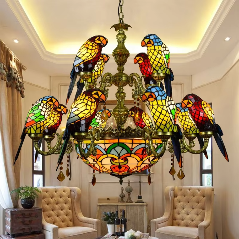 American retro parrot-shaped Tiffany chandelier, featuring vibrant stained-glass parrots and a dome lampshade paired with an antique bronze metal frame. Its rich, colorful design exudes retro artistry, making it a decorative lighting fixture that creates an exotic ambiance.