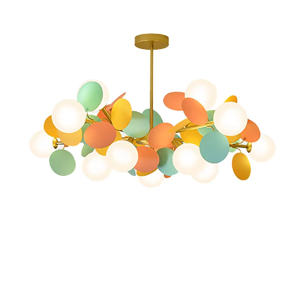 This playful and colorful linear disc chandelier features a gold metal frame, paired with milky white glowing spheres and macaron-colored (pink, orange, blue, yellow) decorative discs arranged in a fluffy cloud-like layout. When lit, it emits a soft and warm glow, creating a lively and comforting atmosphere. Ideal for kids' bedrooms, parent-child play areas, dining rooms, and other spaces, it adds a dreamy and romantic touch to childlike or modern minimalist environments.