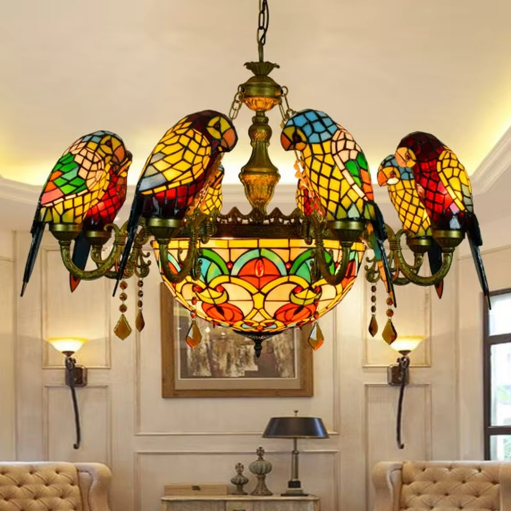 American retro parrot-shaped Tiffany chandelier, featuring vibrant stained-glass parrots and a dome lampshade paired with an antique bronze metal frame. Its rich, colorful design exudes retro artistry, making it a decorative lighting fixture that creates an exotic ambiance.