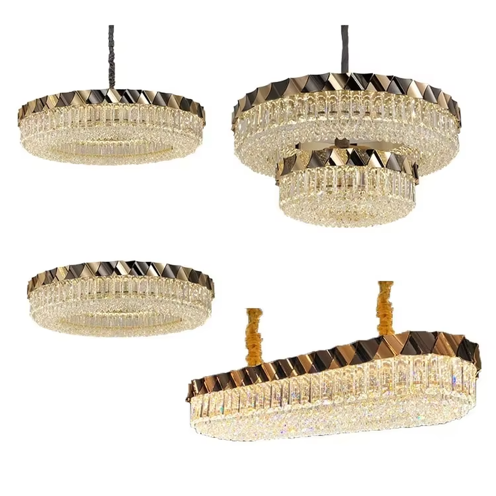 This modern light luxury two-layer circular crystal chandelier features a black-and-gold metal frame, inlaid with transparent long crystals to form a double-layered dome shape. The geometric black-and-gold metal contrasts brilliantly with the shimmering crystal, and when lit, light refracts through the crystal to emit a luxurious and soft glow, combining a sophisticated texture with an ambient atmosphere. Ideal for living rooms, dining rooms, light luxury apartments, and other spaces, it adds an exquisite and luxurious touch to modern minimalist or light luxury home environments.