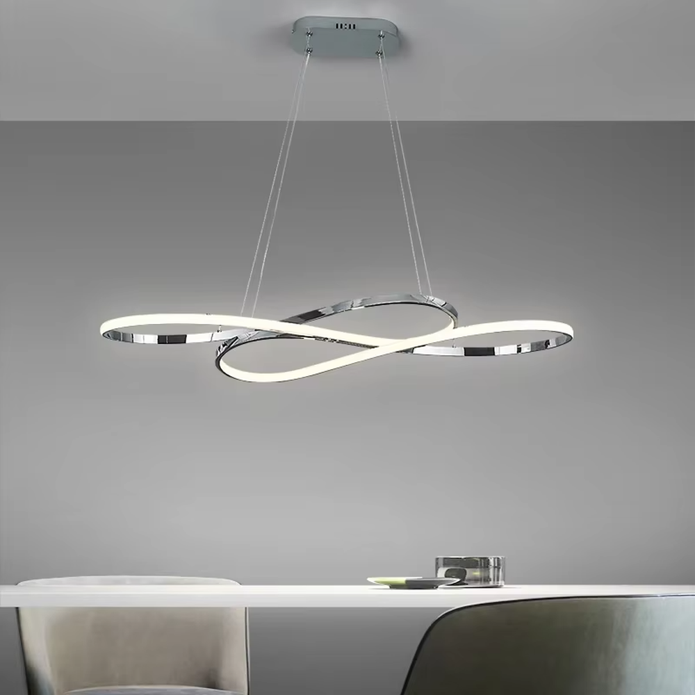 Modern light luxury infinity ring linear chandelier, featuring a fluid interwoven infinity ring structure in polished metal with built-in soft LED lighting. Its dynamic and elegant lines combine a futuristic feel and ambiance, making it a modern home lighting fixture that elevates the space's aesthetic.