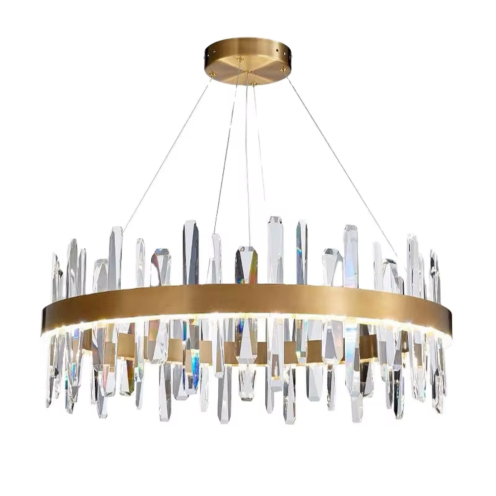 This modern light luxury circular crystal chandelier features a gold metal frame, with transparent crystal strips of varying lengths hanging down to form a staggered circular shape. When lit, light refracts through the crystal to emit a brilliant and dynamic glow, combining an exquisite texture with an ambient atmosphere. Ideal for dining rooms, living rooms, light luxury apartments, and other spaces, it adds an exquisite and sophisticated touch to modern minimalist or light luxury home environments.