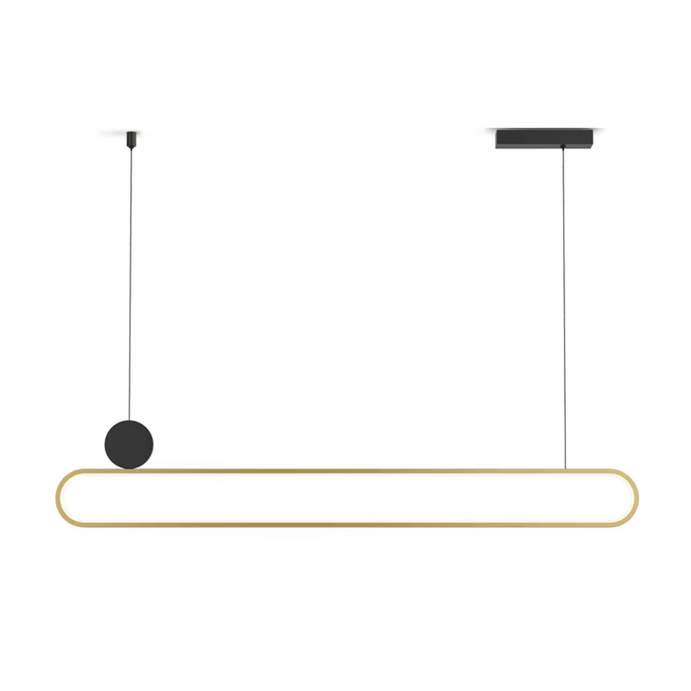 Modern light luxury black and gold linear chandelier, featuring a gold metal frame paired with a white luminous lamp body, accented with a black balancing ball on the side. Its clean and elegant lines combine style and ambiance, making it a modern home lighting fixture that enhances the space's texture.