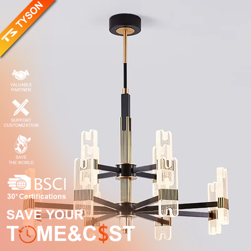 Modern light luxury black and gold chandelier, featuring a radial frame in black and gold metal paired with striped acrylic lampshades. It emits soft, layered light, combining style and ambiance, making it a high-end decorative lighting fixture that elevates the space's aesthetic.