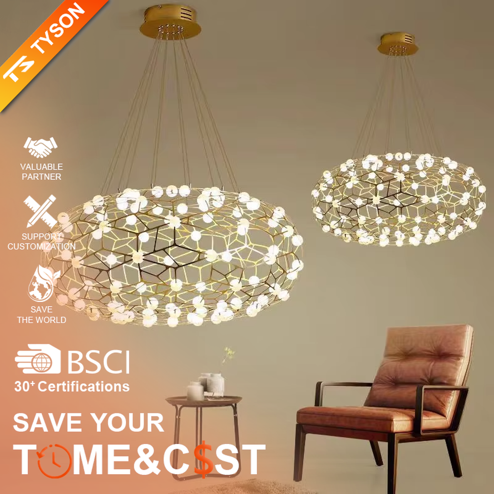 Modern light luxury honeycomb-structure oval chandelier, featuring a bionic honeycomb frame made of gold metal and covered with glowing light beads. It emits soft and brilliant light, combining a sense of technology and artistic ambiance, making it a high-end decorative lighting fixture that elevates the space's style.