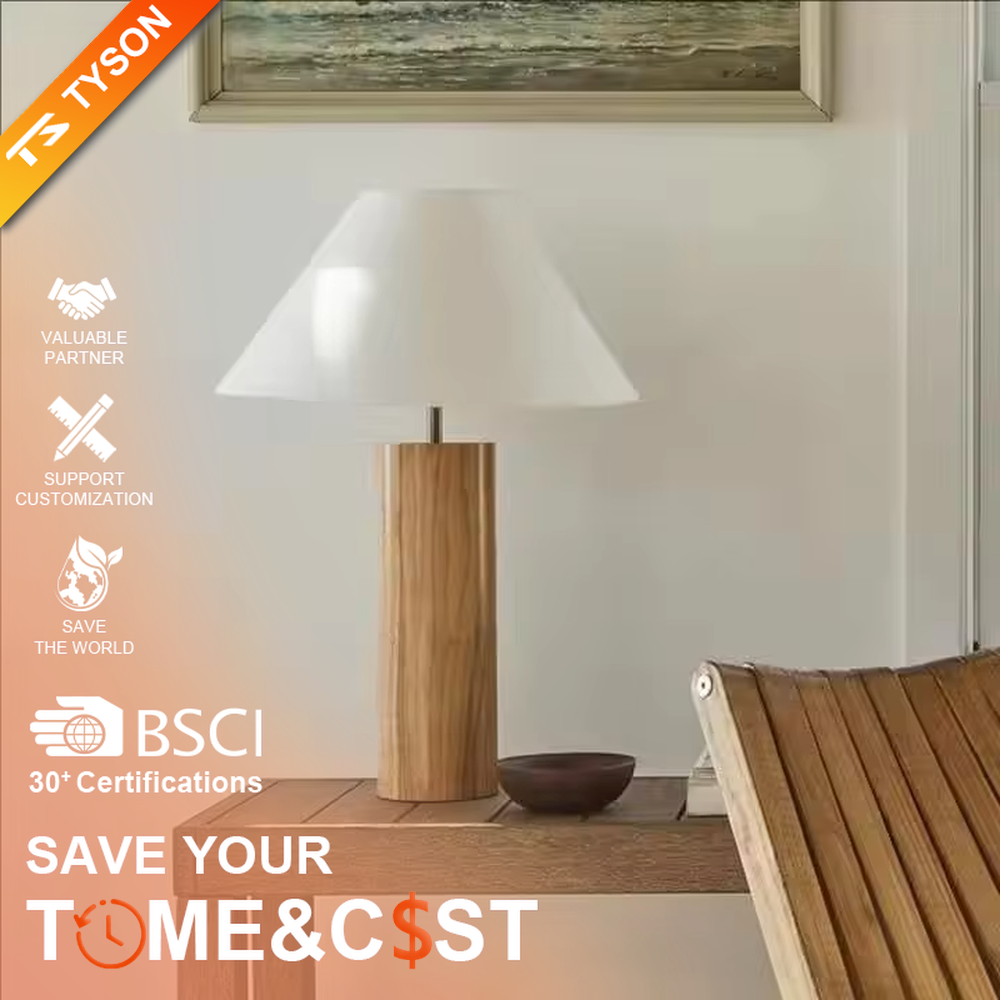 This is a natural minimalist wooden table lamp with a cylindrical solid wood base and a white fabric slant lampshade. It features a rustic and natural design with a warm ambiance. It is used for local desktop lighting and decoration, creating a natural and warm atmosphere. It is suitable for Nordic-style home bedrooms, Japanese art homestays, literary cafes and other places.