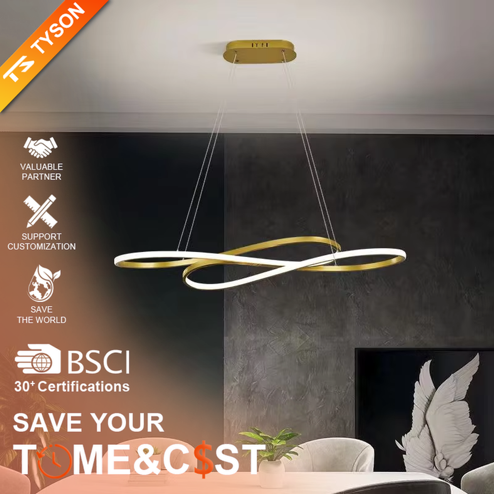 Modern light luxury infinity ring linear chandelier, featuring a fluid interwoven infinity ring structure in polished metal with built-in soft LED lighting. Its dynamic and elegant lines combine a futuristic feel and ambiance, making it a modern home lighting fixture that elevates the space's aesthetic.