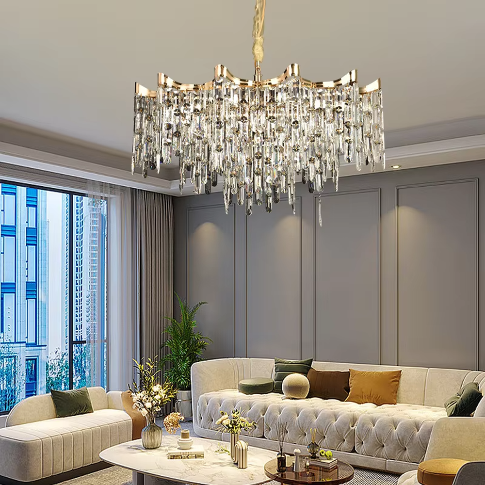 This European luxury fan-shaped crystal chandelier features a champagne gold metal frame, with dense long crystals hanging down to form a layered fan shape, suspended by a braided cord. When lit, light refracts through the crystal to emit a brilliant and luxurious glow, combining a luxurious texture with an ambient atmosphere. Ideal for villa living rooms, luxury dining rooms, high-end clubs, and other spaces, it adds an elegant and exquisite touch to European luxury or modern light luxury environments.