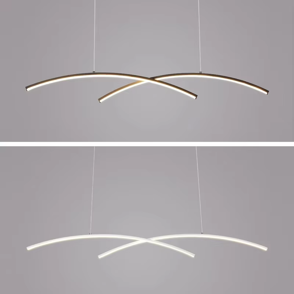 Modern minimalist double-arc linear chandelier, featuring a double-layer curved light strip design in white and gold metal. Its smooth, soft lines emit even and gentle light, combining style and ambiance, making it a modern home lighting fixture that elevates the space's aesthetic.