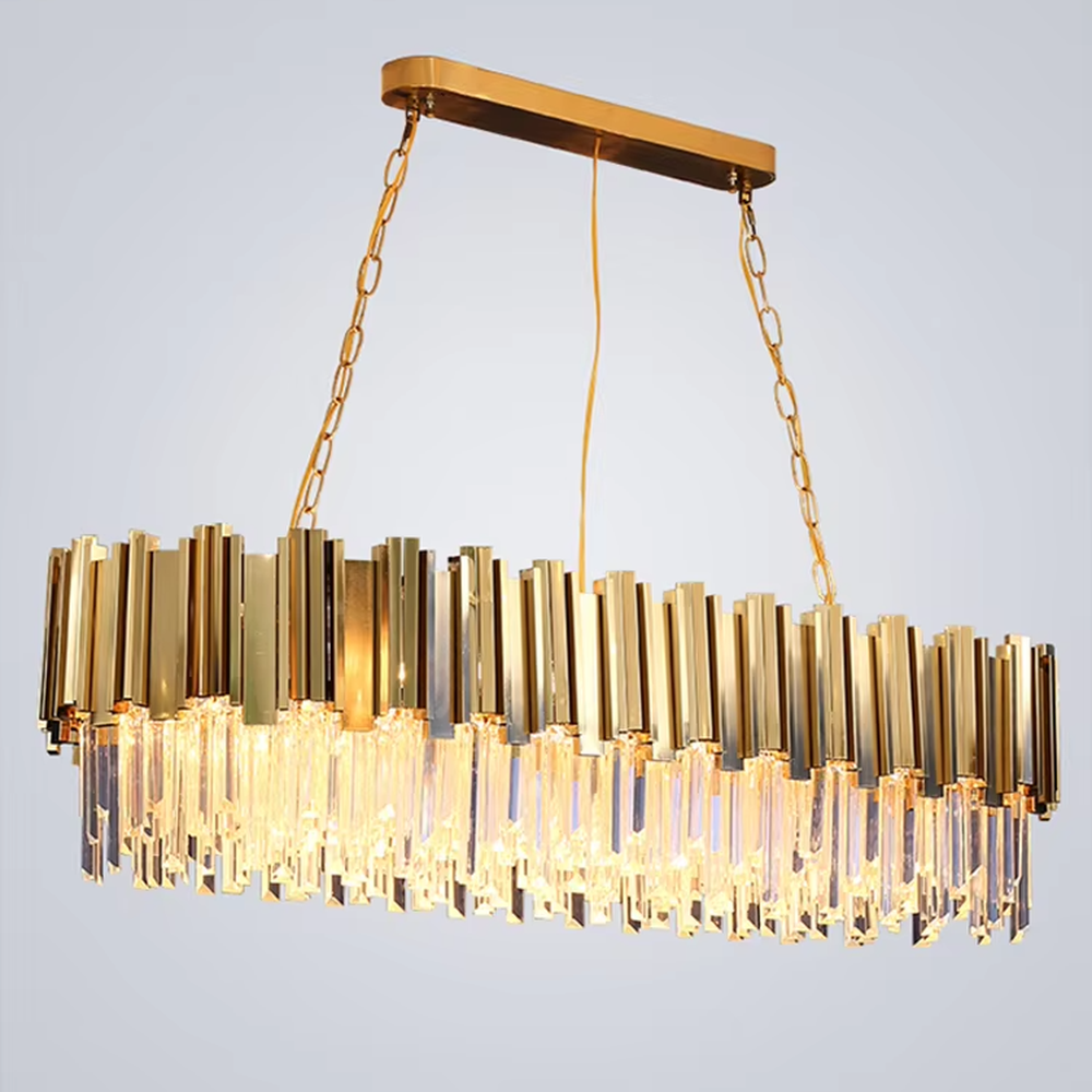 Light luxury post-modern metal crystal chandelier, featuring a dome shape layered with gold metal strips and crystal columns. Light refracts through the crystals to create a brilliant and luxurious glow, combining sophistication and ambiance, making it a high-end decorative lighting fixture that elevates the space's style.