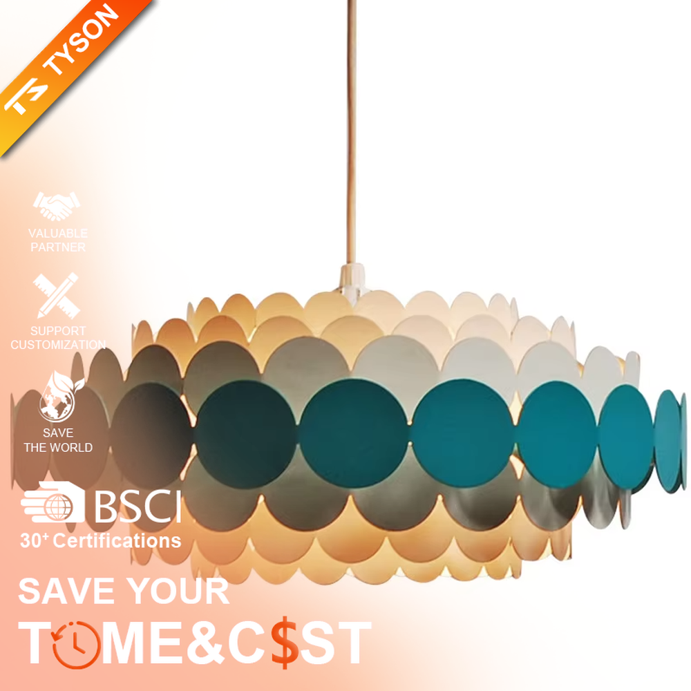 Nordic pop-style gradient disc chandelier, featuring an oval lampshade made of layered colorful discs with a gradient from light beige to deep teal. Light passes through the discs to create soft, gradient lighting effects, combining playfulness and artistry, making it a decorative lighting fixture that enhances space vitality.