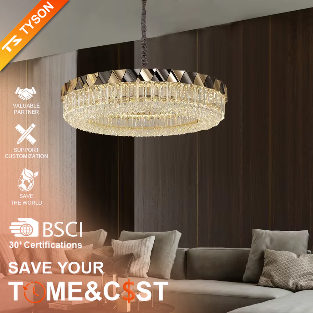 This modern light luxury two-layer circular crystal chandelier features a black-and-gold metal frame, inlaid with transparent long crystals to form a double-layered dome shape. The geometric black-and-gold metal contrasts brilliantly with the shimmering crystal, and when lit, light refracts through the crystal to emit a luxurious and soft glow, combining a sophisticated texture with an ambient atmosphere. Ideal for living rooms, dining rooms, light luxury apartments, and other spaces, it adds an exquisite and luxurious touch to modern minimalist or light luxury home environments.