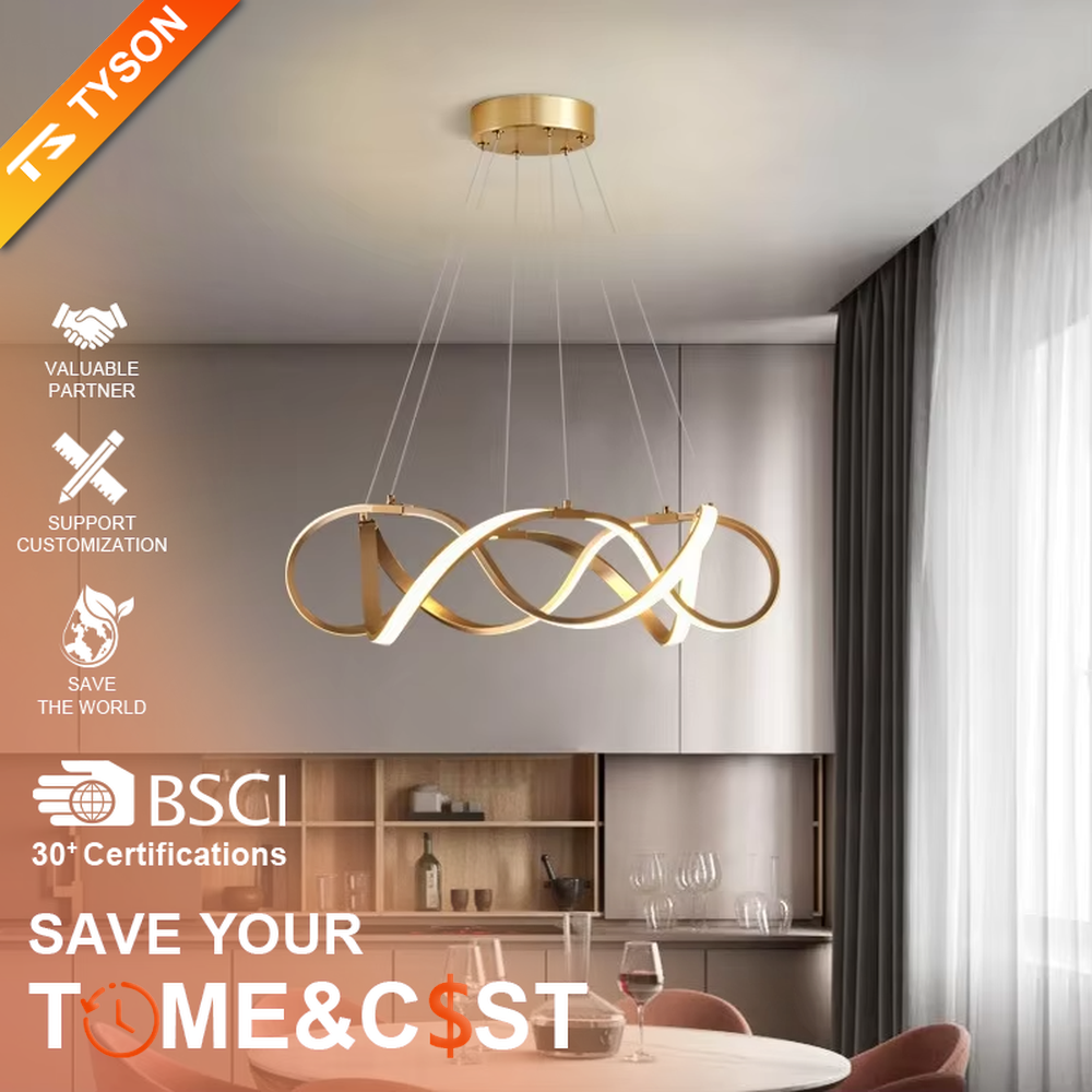 Modern art ribbon chandelier, featuring interwoven and flowing gold metal strips with built-in soft LED lighting. Its dynamic and layered lines combine artistry and ambiance, making it a high-end decorative lighting fixture that elevates the space's style.
