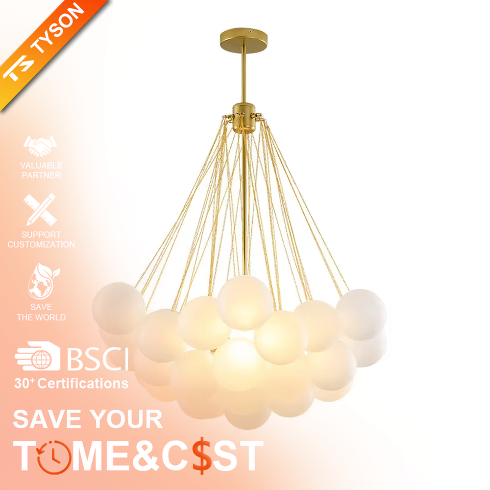Modern healing cloud chandelier, featuring a radial suspension wire structure in black metal paired with fluffy milk-white frosted glass balls to form a cloud shape. It emits soft and gentle light, combining a dreamy feel and cozy ambiance, making it a decorative lighting fixture that enhances the warmth of the space.