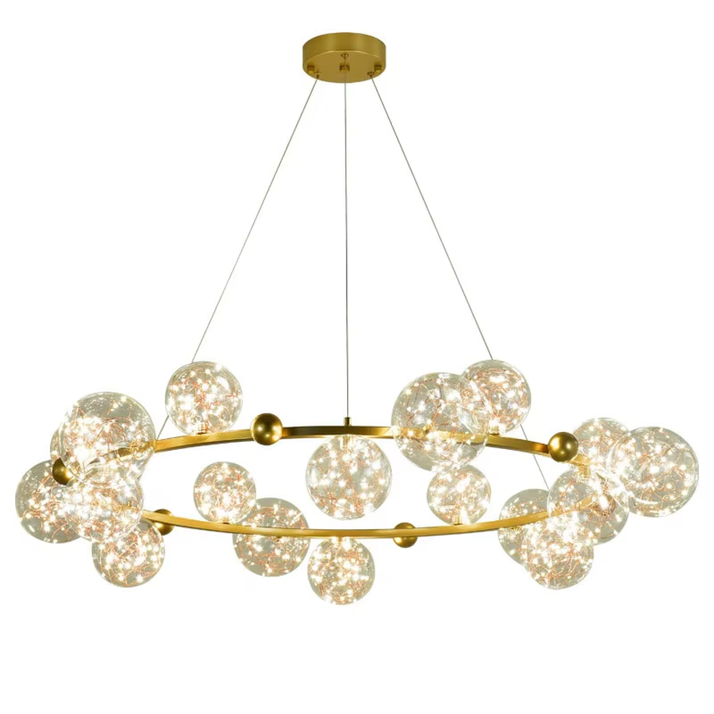 Modern light luxury starry sky ring chandelier, featuring a brass metal ring frame paired with transparent bubble glass balls with built-in lamp beads to form a star cluster shape. It emits bright and translucent light, combining a dreamy feel and elegant ambiance, making it a high-end decorative lighting fixture that elevates the space's style.