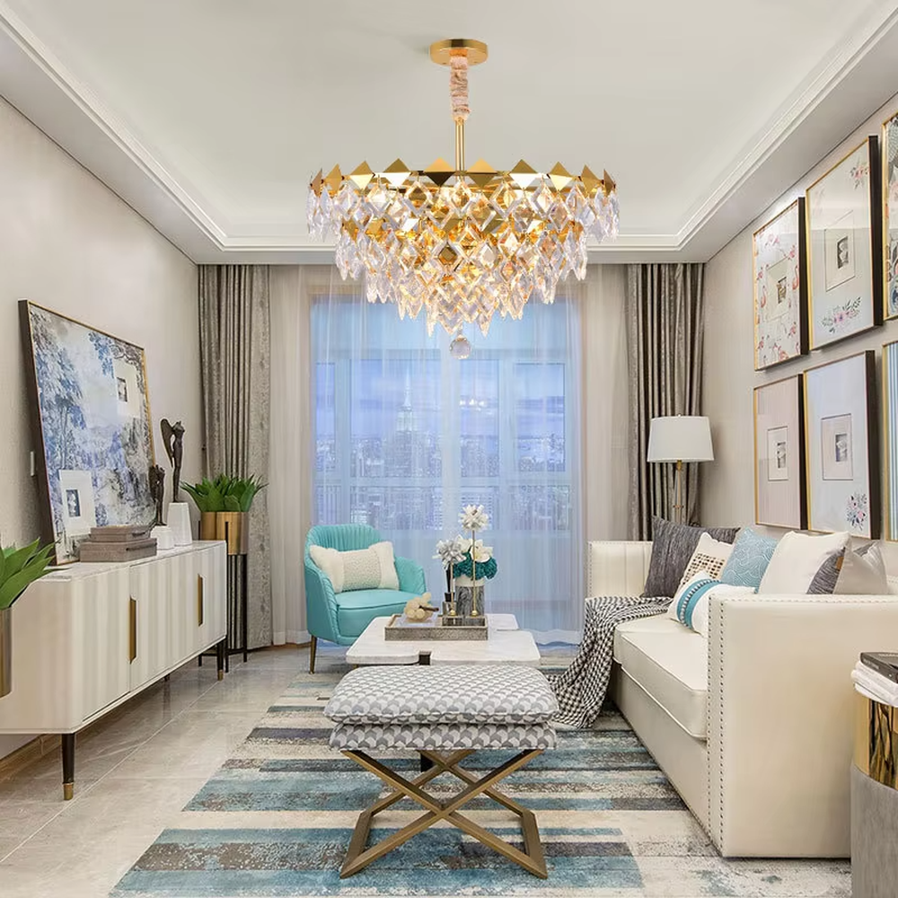 This luxurious and grand diamond-cut crystal chandelier features a gold metal frame, paired with transparent faceted crystals and gold decorative pieces, creating a full spherical shape. When lit, light refracts through the crystal to emit a brilliant and luxurious glow, combining decorative appeal with an ambient atmosphere. Ideal for dining rooms, living rooms, villa high-ceiling spaces, or high-end clubs, it adds an elegant and exquisite touch to European luxury or modern light luxury spaces.