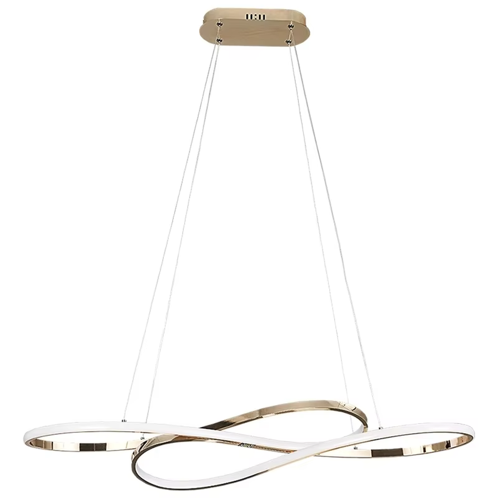 Modern light luxury infinity ring linear chandelier, featuring a fluid interwoven infinity ring structure in polished metal with built-in soft LED lighting. Its dynamic and elegant lines combine a futuristic feel and ambiance, making it a modern home lighting fixture that elevates the space's aesthetic.